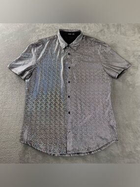 Metallic Disco Shirt Men L Black Short Sleeve Holographic Metallic Shiny Stretch